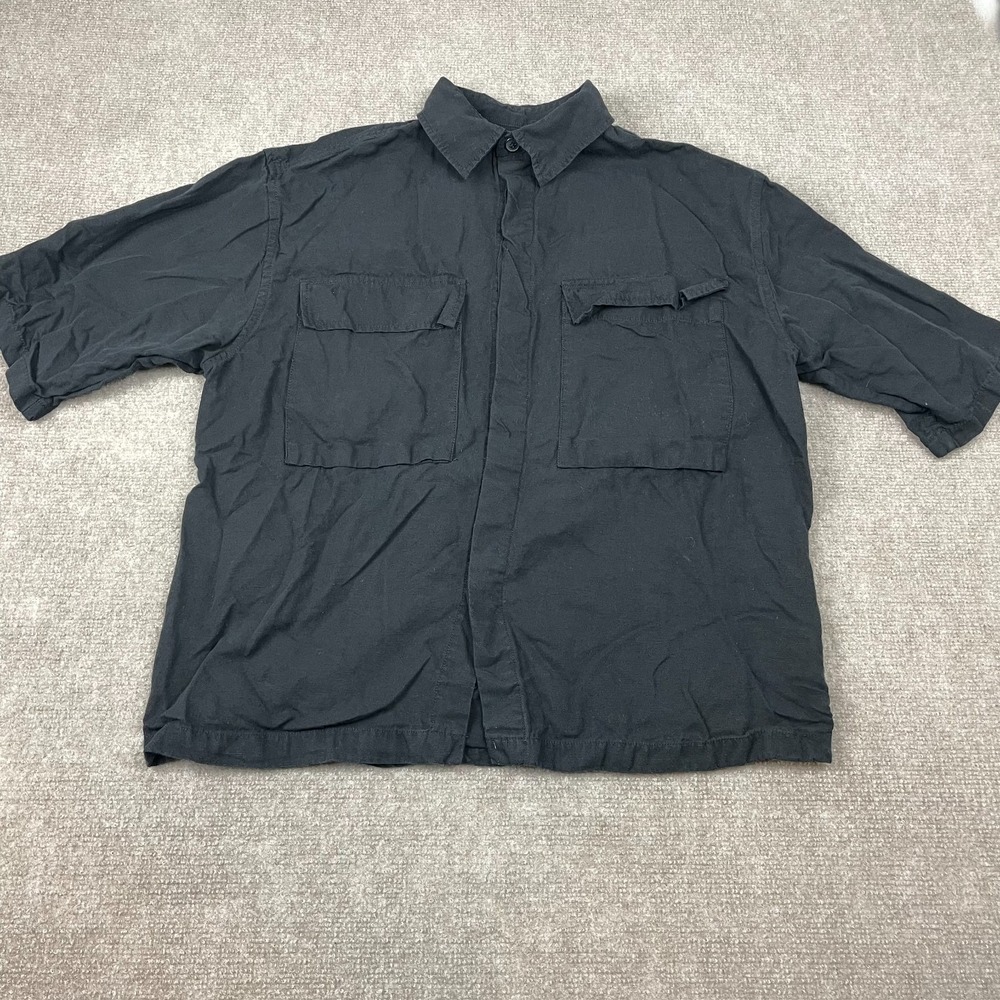 Zara Shirt Mens Medium Black Short Sleeve Button Front Flap Pockets Relaxed Fit